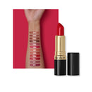 Revlon lipstick with color swatches on a red background
