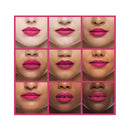 Grid of different skin tones wearing a bright pink lipstick.