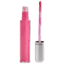 Pink lip gloss with applicator on a white background