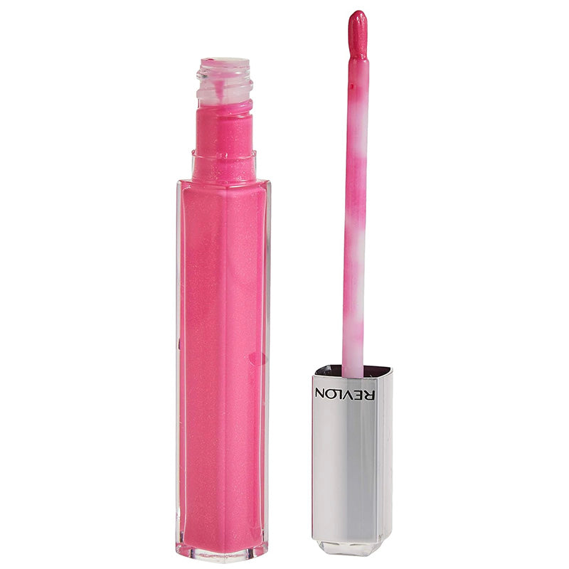 Pink lip gloss with applicator on a white background