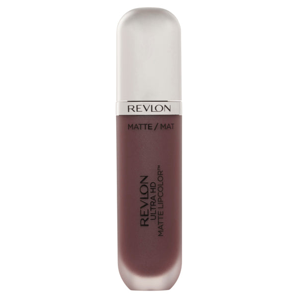 A tube of Revlon Ultra HD Matte Lipcolor in a purple shade.