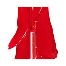 Close-up of a red raincoat with a button on a white background