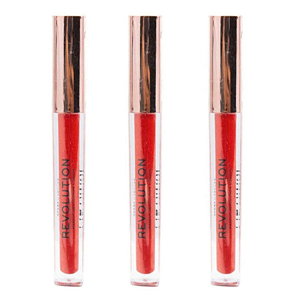 Three lip glosses with 'Revolution' branding on a white background