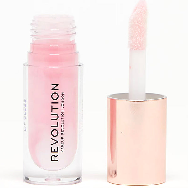 Makeup Revolution lip gloss with applicator on a white background