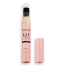 Revolution Eye Bright Illuminating Under Eye Concealer in shade Fair (3 ml) with its cap removed, showing a pink metallic tube and a sponge applicator against a white background.