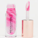 Makeup Revolution lip gloss with pink and white marbled design on a white background