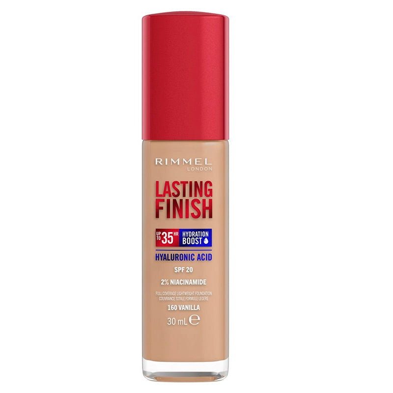 Rimmel Lasting Finish foundation bottle with red cap on a white background