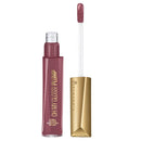 Lip gloss with gold cap and clear applicator on white background