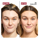 Before and after comparison of a woman's face with cosmetic product application.