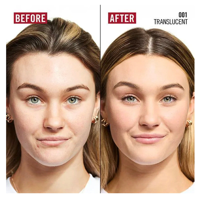 Before and after comparison of a woman's face with cosmetic product application.