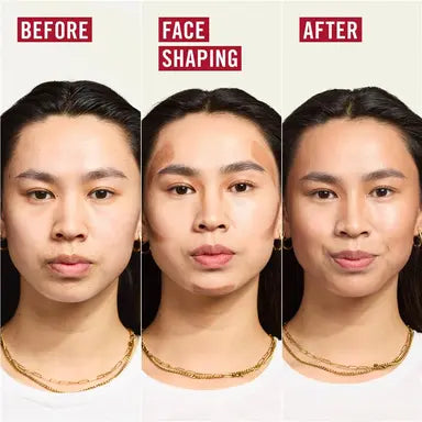 Before and after comparison of face shaping with a person wearing a gold necklace.