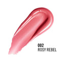 Pink lip gloss swatch labeled '002 Rosy Rebel' on a white background