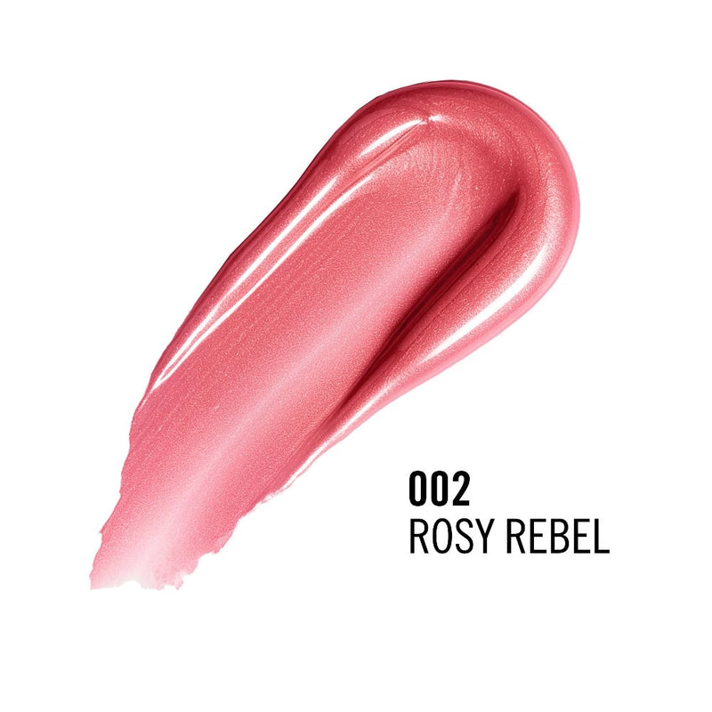 Pink lip gloss swatch labeled '002 Rosy Rebel' on a white background