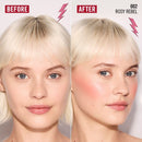 Before and after comparison of a woman's face with blush application labeled 'Rosy Rebel'.
