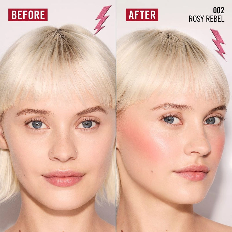 Before and after comparison of a woman's face with blush application labeled 'Rosy Rebel'.