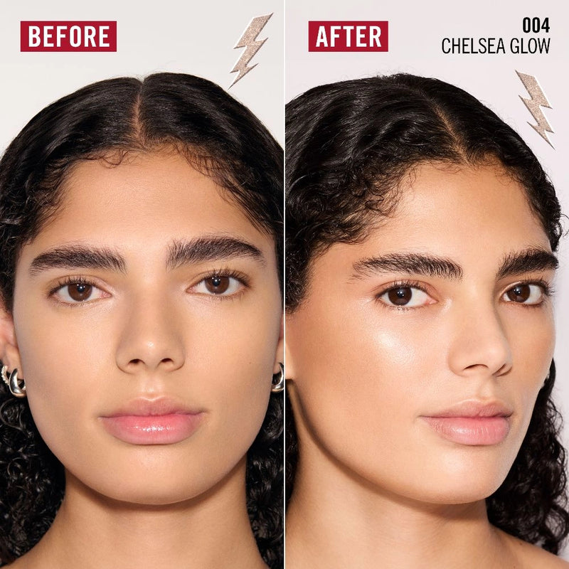 Before and after comparison of a woman's face with 'Chelsea Glow' makeup application.