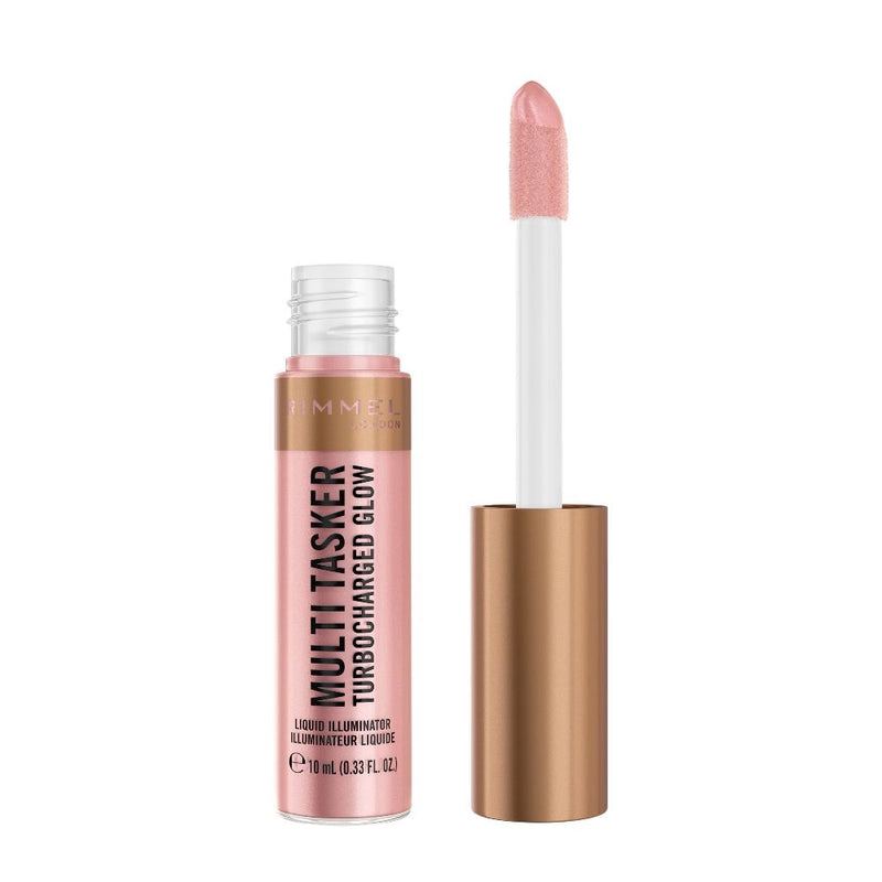 Rimmel Multi-Tasker Turbocharged Glow liquid illuminator with applicator on a white background