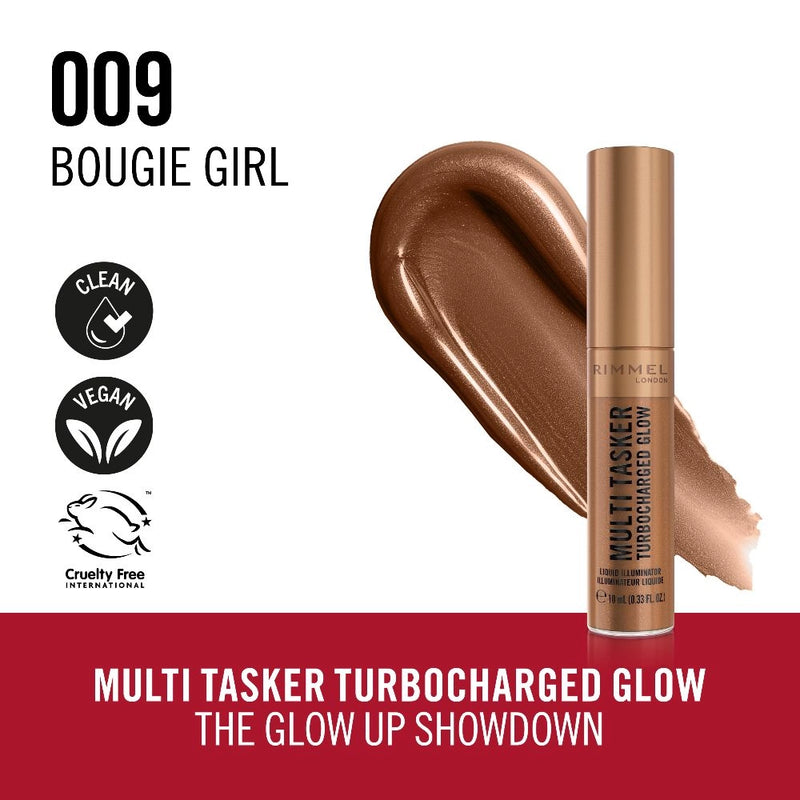 Rimmel Multi Tasker Turbocharged Glow makeup product with brand logos on a white background