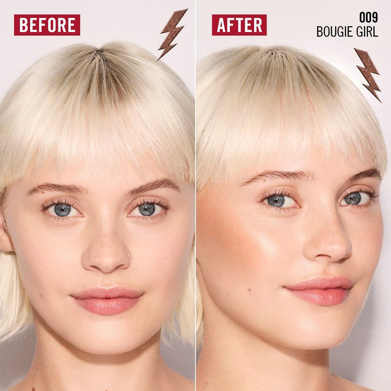 Before and after comparison of a blonde hair color transformation with 'Bougie Girl' label.