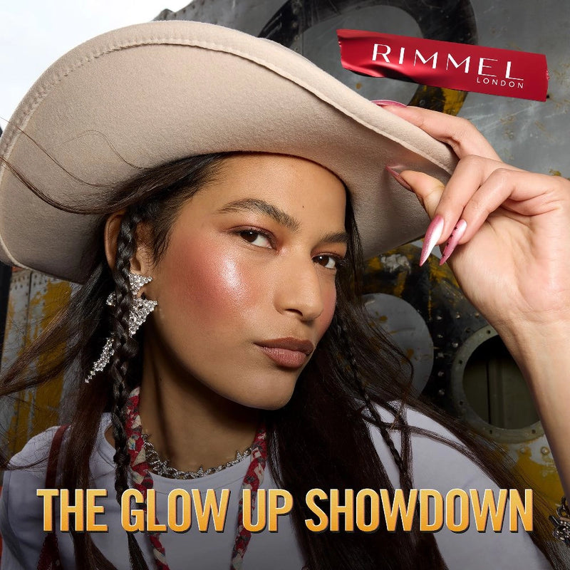 Woman wearing a cowboy hat with Rimmel London branding and text overlay.