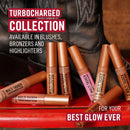 Makeup products with text about the 'Turbocharged Collection' on a red surface.