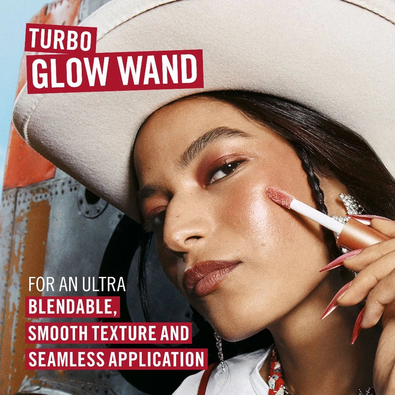 Person applying makeup with a 'Turbo Glow Wand' against a colorful background
