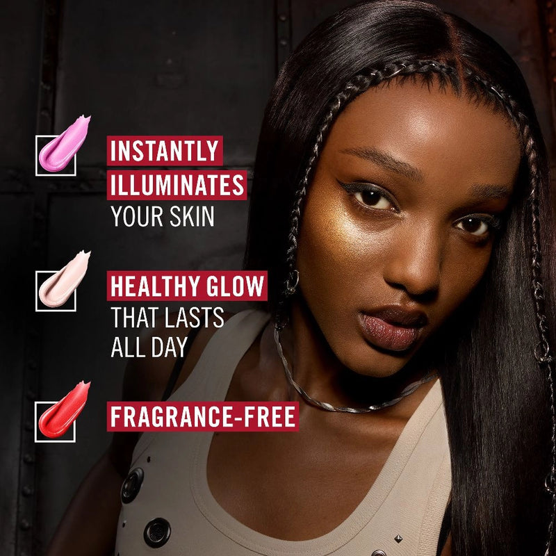 Woman with glowing skin and product features listed on a dark background