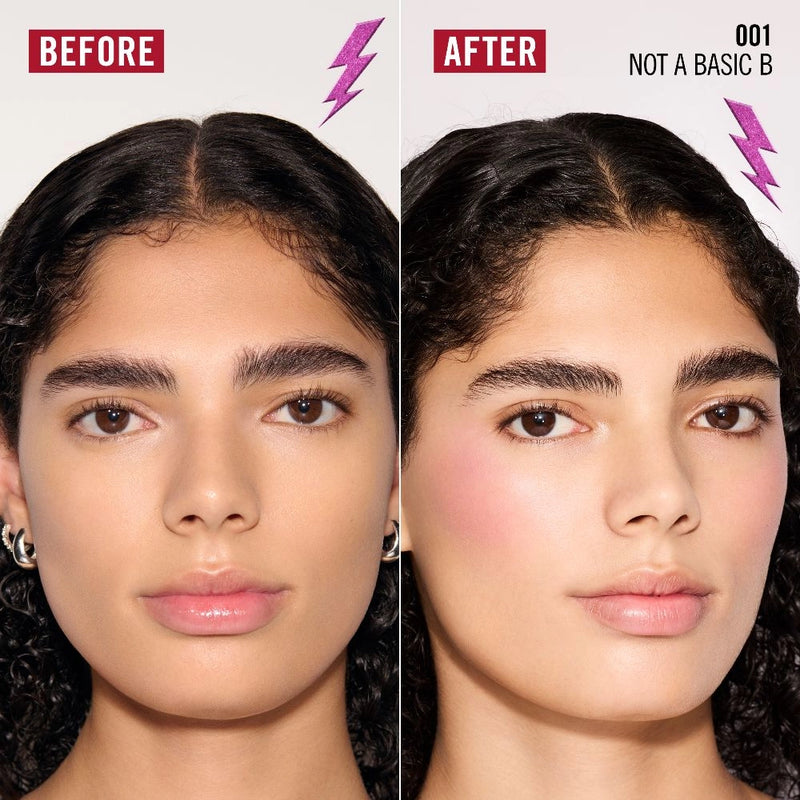 Before and after comparison of a woman's face with text and graphics.