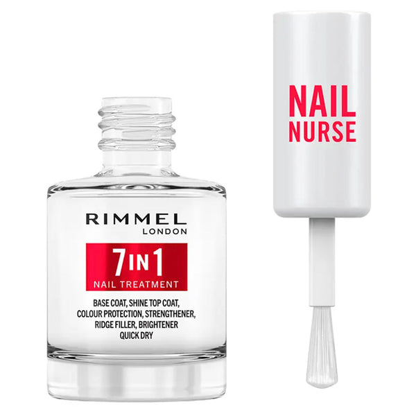 Rimmel London 7-in-1 Nail Treatment bottle with brush on a white background