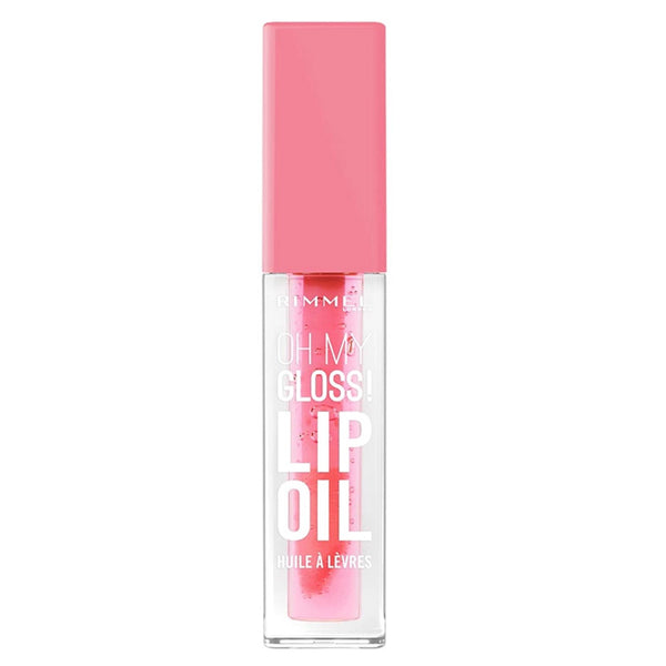 Lip gloss with pink cap and clear body on a white background
