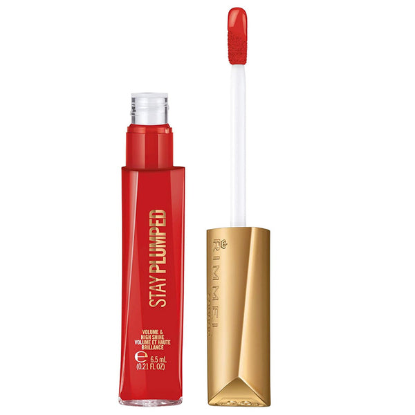 Red and gold lip gloss with applicator on a white background
