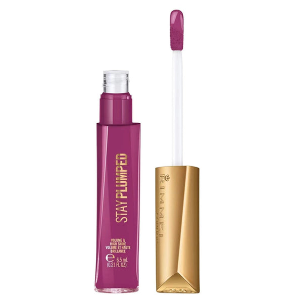 Lip gloss with purple applicator and gold case on a white background