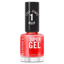 Rimmel Super Gel nail polish bottle with red body and black cap on white background