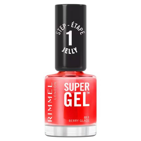 Rimmel Super Gel nail polish bottle with red body and black cap on white background