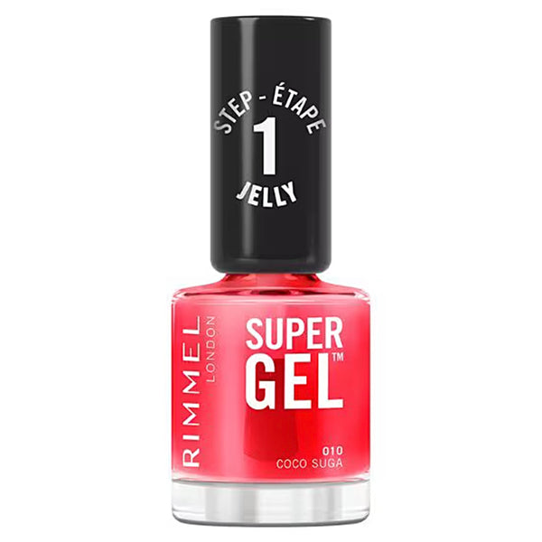 Rimmel Super Gel nail polish bottle with red color on a white background