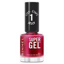Rimmel Super Gel nail polish bottle with red color and black cap on a white background