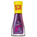 A bottle of Sally Johnson Ring Pop Insta-Dix glitter nail polish in a purple shade with gold and pink glitter, featuring a bright yellow cap with red branding.