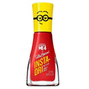 A bottle of Sally Hansen Insta-Dri nail polish featuring a red body and a yellow Minions-themed cap, with 'Sally Hansen x Despicable Me 4' branding.