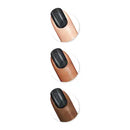 Three nail samples with black and brown color swatches on a white background