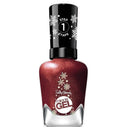 Sally Hansen Miracle Gel nail polish in a festive burgundy-red shade with silver glitter, shown in a clear glass bottle with a black cap decorated with white snowflakes.