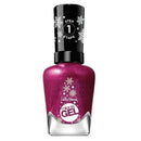 A bottle of Sally Johnson Miracle Gel nail polish in a sparkling magenta-purple shade, decorated with white snowflakes. The bottle has a black cap with 'STEP 1 STAPSE' printed on it, and the Sally Johnson brand name is visible on the front label.