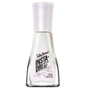 A bottle of Sally Hansen Insta-Dri Metallic Nail Color in the shade Galactic, featuring a shimmering silver-white liquid visible through the clear glass bottle with a white cap.