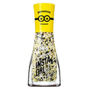 Maybelline New York Insta-Dri Glitter Nail Polish in a clear bottle filled with black, white, and gold glitter, featuring a bright yellow cap with a Minions face graphic.