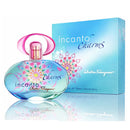 Saboteur Ferrari Marino fragrance bottle and packaging box for 'incanto Charms' Eau de Toilette, featuring a light blue gradient design with pink and multicolor floral patterns on a white background with a reflection.