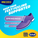 Scholl advertisement with a purple shoe on a blue and yellow background, highlighting features like springiness, shock absorption, and cushioning.