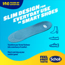 Scholl insole advertisement with text and icons on a blue and yellow background