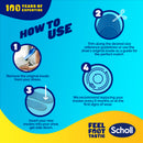 Instructions on how to use Scholl insoles with a blue and yellow background.