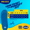 Scholl insole with size chart and branding on a blue and yellow background
