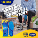 Scholl insole advertisement with text about comfort and features, featuring a man sitting on steps.