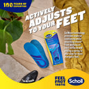 Scholl insole packaging with blue insole on a wooden floor, featuring text about GelWave technology.